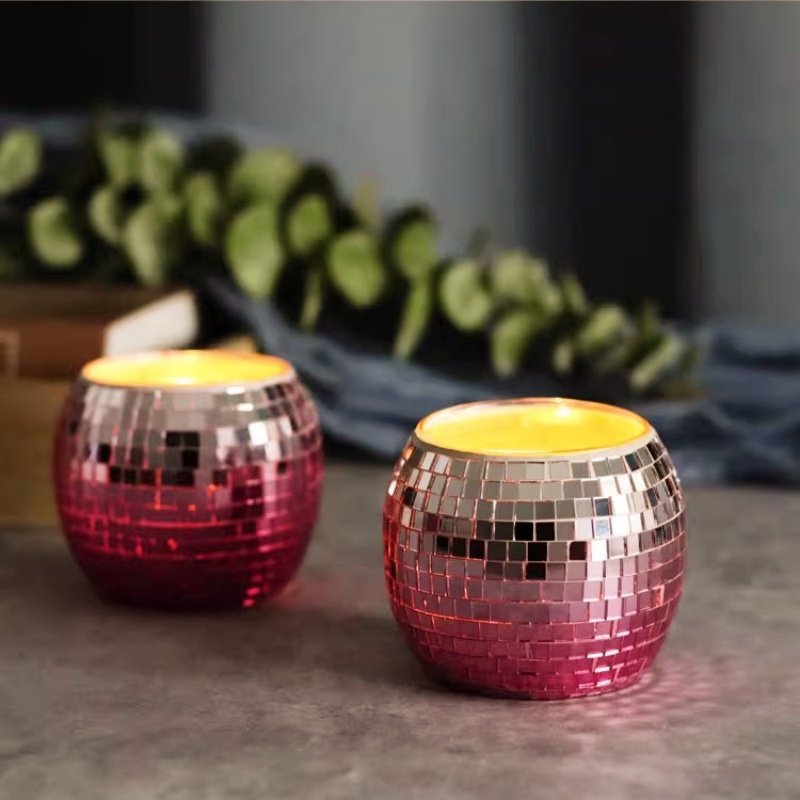 现代银镜粉桃马赛克玻璃烛台 客餐厅台面装饰摆设DIY香薰蜡烛空杯