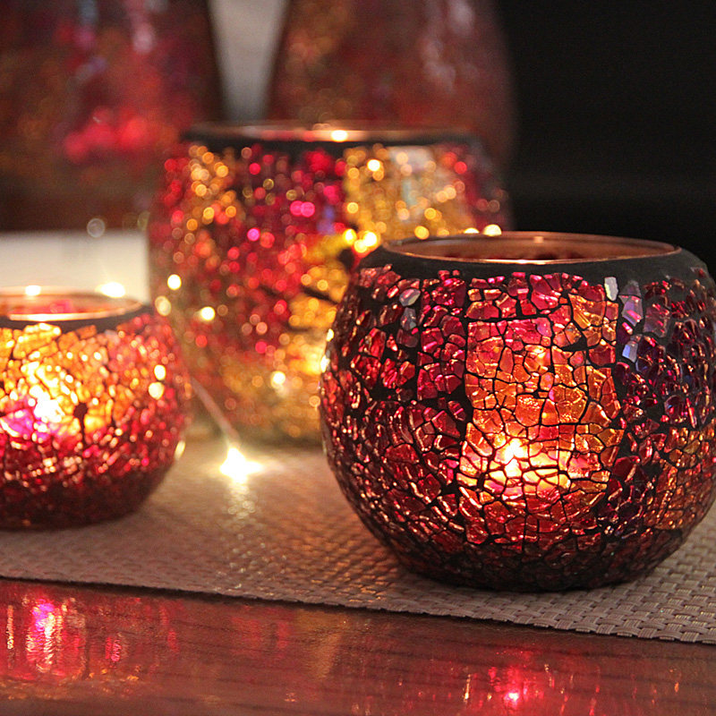 欧式简约马赛克玻璃烛台 圆球形蜡烛杯套三 酒吧会所家居装饰摆件