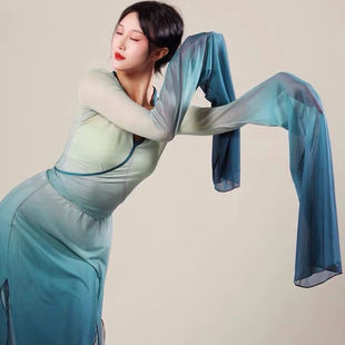 流彗水袖 舞蹈服古典裙子只此青绿舞身韵纱衣女渐变变色仙气飘逸中