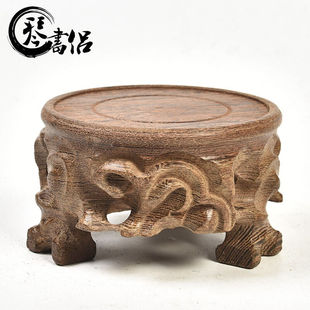琴书侣鸡翅木雕三足圆形底座红木工艺品摆件奇石根雕花瓶石头木托