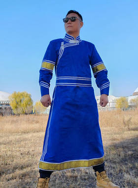 纽卡迈蒙古族服装男冬季秋冬男士皮绒长款袍日常生活装民族舞蹈服