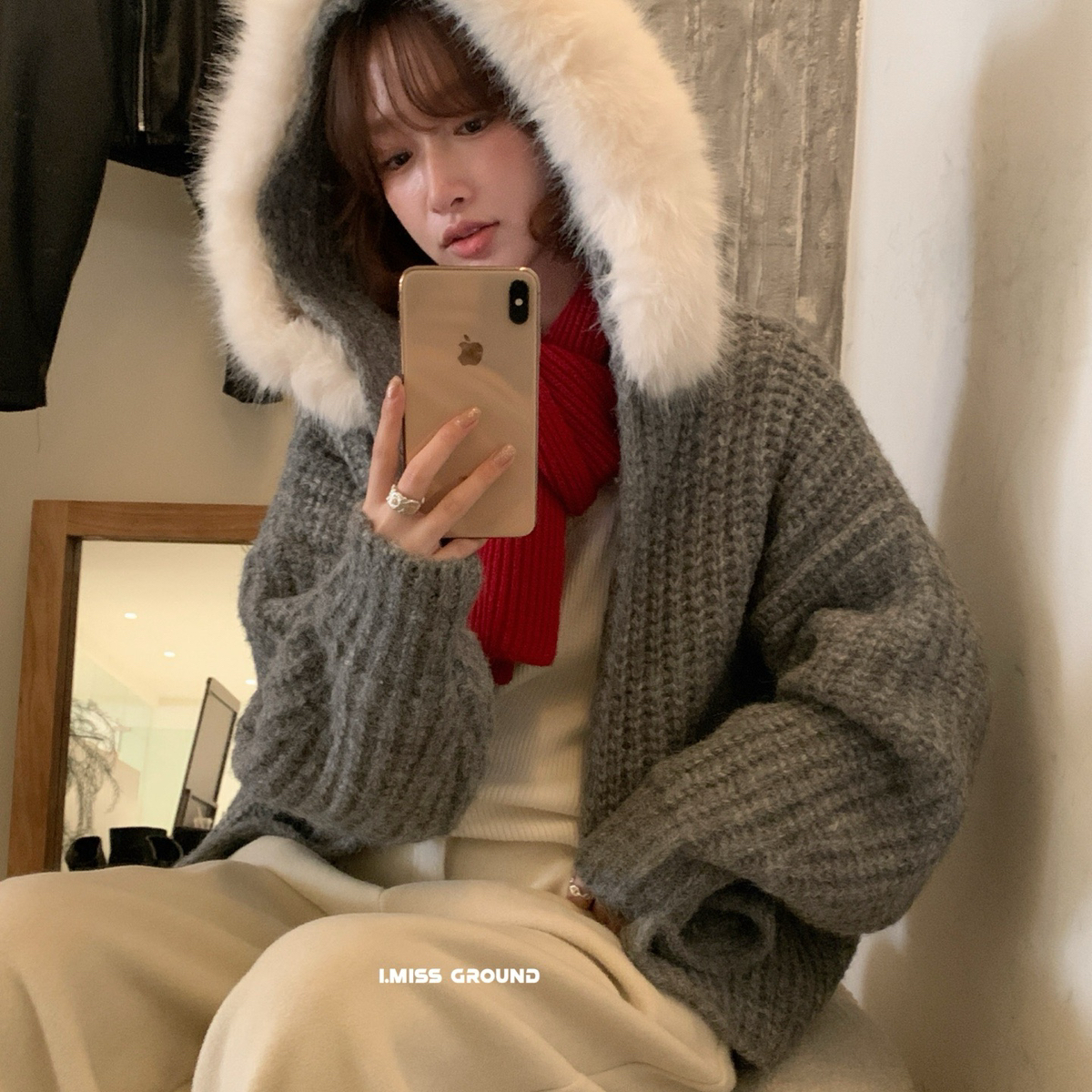 IMISS-冬上新大毛领驼羊毛开衫保暖毛衣（含1羊毛）