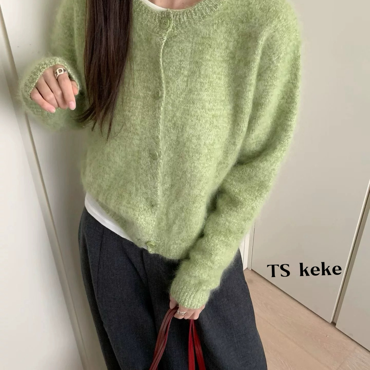 TS KEKE-冬新款圆领山羊绒拉毛羊毛针织开衫温柔保暖毛衣（含90羊