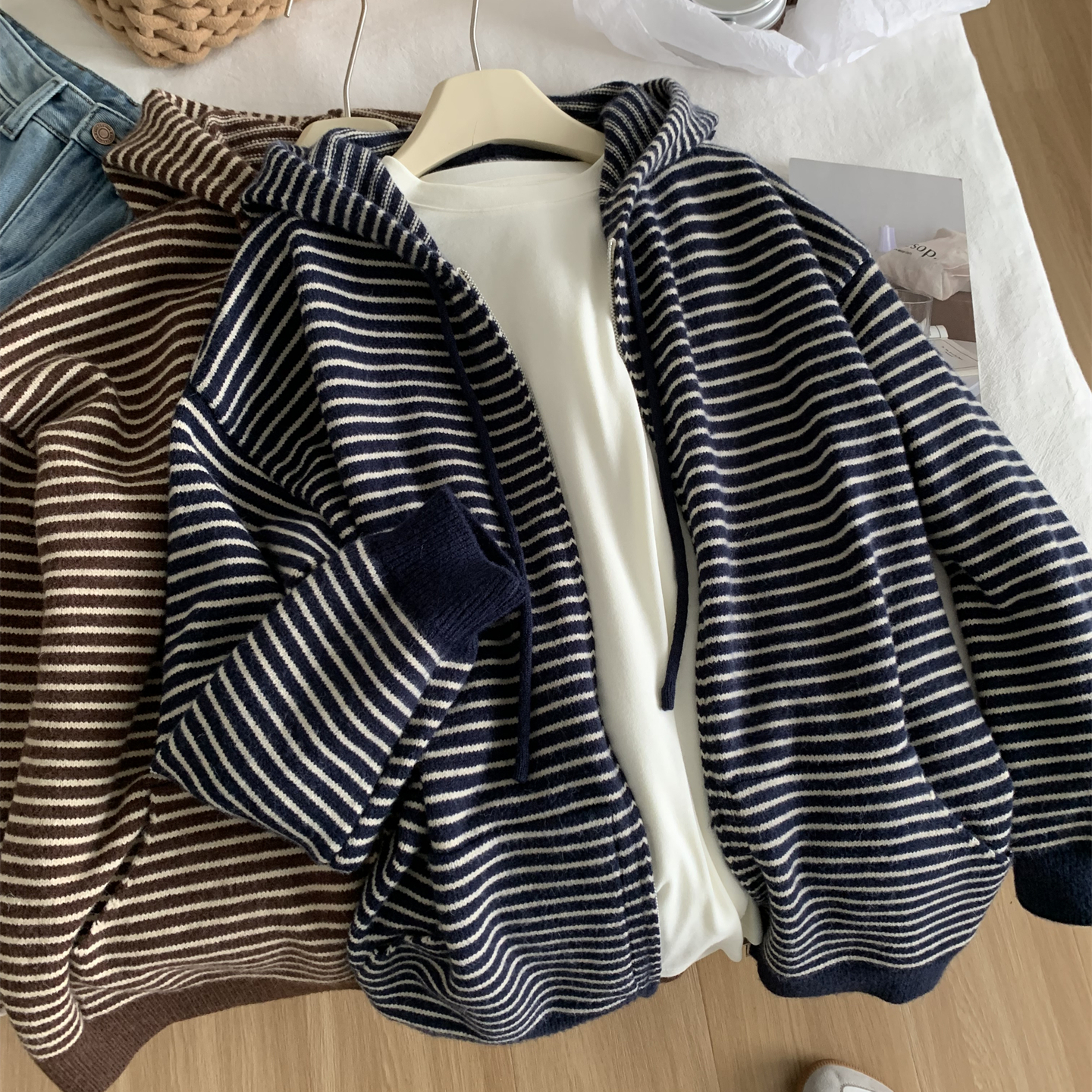 IN SEASON 设季-松弛感大版条纹连帽拉链毛衣外套女慵懒垂感毛线