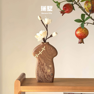 蕉墅国风旗袍花插实木质工位桌治愈小摆件家居装饰干花花瓶扩香