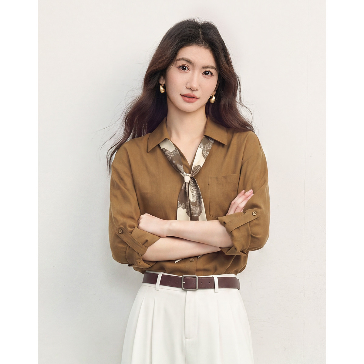 2026春秋时尚丝巾翻领长袖衬衣女