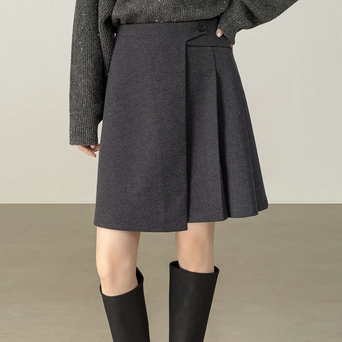 奥特莱斯外贸折扣清仓尾货灰色毛呢半身裙女秋冬季不规则百褶短裙