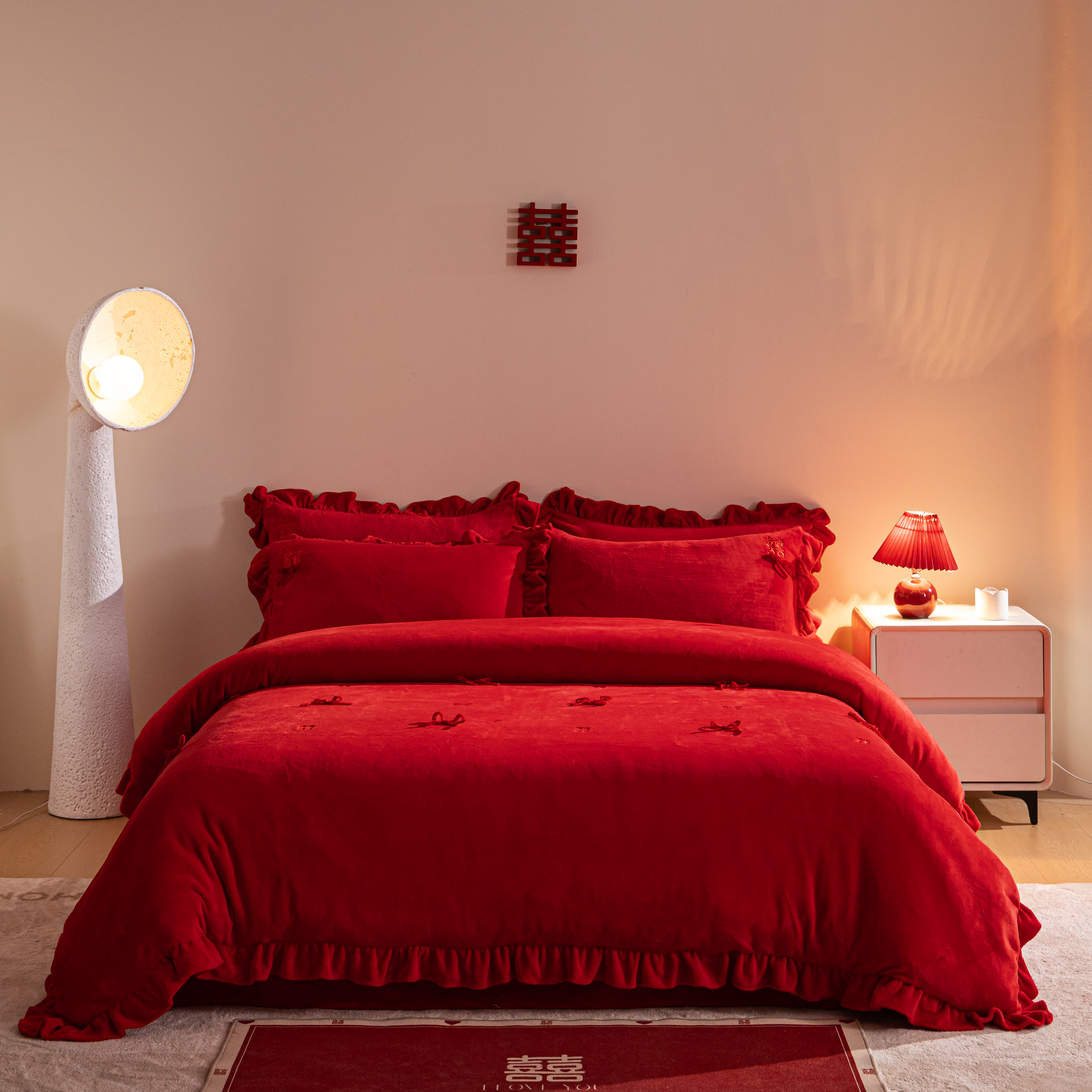 冬季婚庆四件套大红床单牛奶绒刺绣喜庆高档新结婚床上用品宝宝绒