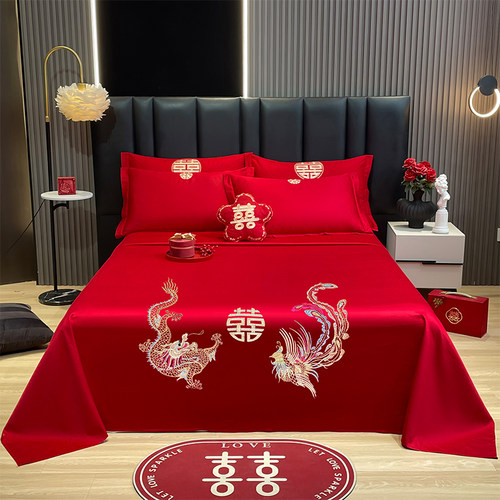 婚庆大红床单三件套刺绣