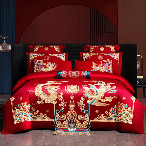 高档婚庆四件套大红喜庆被套新结婚房中式龙凤刺绣婚嫁礼床上用品