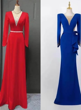 出租主持人礼服裙艺考红色气质优雅2023新款晚宴长袖敬酒服高级感