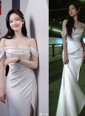 李兰迪同款白色典雅晚礼服裙一字领露肩抹胸连衣裙新娘婚纱主持人