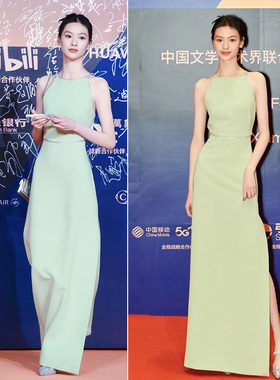 邱天同款薄荷绿色挂脖露背长礼服连衣裙新款高端醋酸水钻开衩晚宴