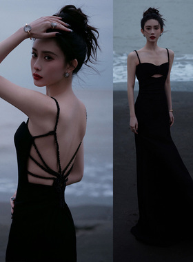 孟子义黑色露背裙吊带礼服裙2024春夏新款连衣裙主持人晚宴年会女