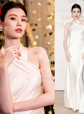 奚梦瑶同款晚礼服高端醋酸面料丝质香槟色挂脖露肩露背连衣裙长款