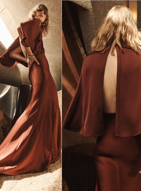 欧洲站2025新款红色礼服裙连衣裙开衩时尚个性感主持人宴会晚礼服