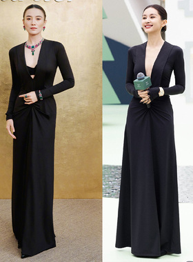 宋佳同款王子文黑色礼服裙长袖大摆醋酸缎连衣裙气质优雅深v性感