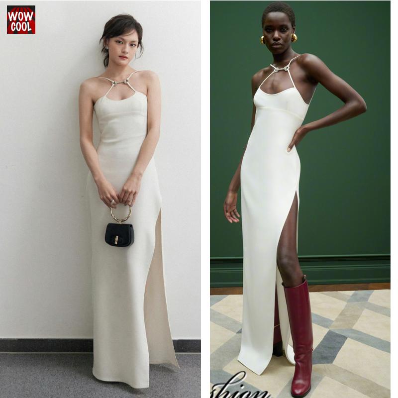 简约直筒弹性醋酸白色吊带裙长款