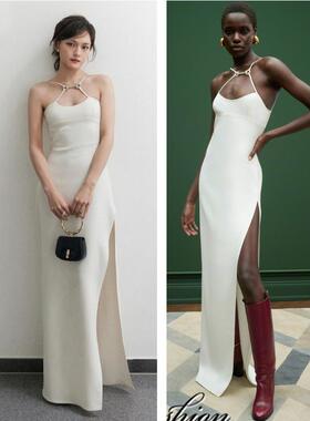 文淇柏林红毯同款吊带连衣裙白色开衩小礼服裙2025春简约修身女装
