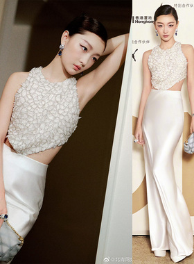 周冬雨同款vogue晚宴礼服白色婚纱新娘主持人公主半身裙缎面露腰