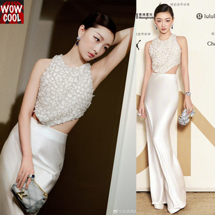 周冬雨同款vogue晚宴礼服白色婚纱新娘主持人公主半身裙缎面露腰