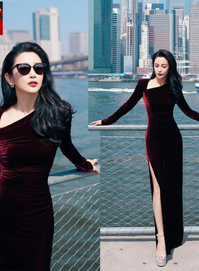 李冰冰同款深酒红色真丝绒连衣裙主持人晚礼服斜肩长款收腰显瘦女