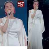 王菲春晚同款 白色吊带荷叶边连衣裙 白色礼服裙丝质缎面醋酸蝙蝠袖