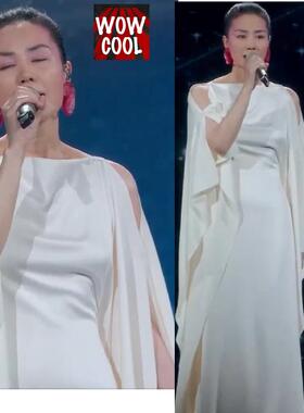 王菲春晚同款白色礼服裙丝质缎面醋酸蝙蝠袖白色吊带荷叶边连衣裙