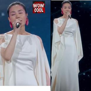 王菲春晚同款白色礼服裙丝质缎面醋酸蝙蝠袖白色吊带荷叶边连衣裙