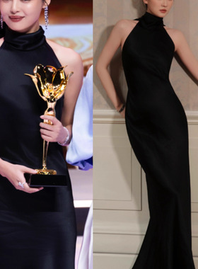 乔欣同款挂脖礼服裙辛芷蕾红毯晚礼服长款鱼尾露背系带连衣裙黑色