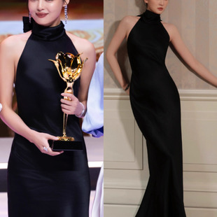 乔欣同款挂脖礼服裙辛芷蕾红毯晚礼服长款鱼尾露背系带连衣裙黑色