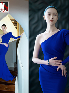 欧洲站2021新款春秋女装倪妮同款礼服连衣裙蓝色斜肩长裙子欧货潮