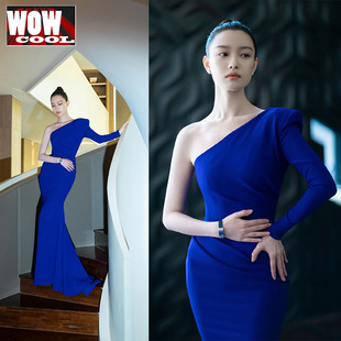 欧洲站2021新款春秋女装倪妮同款礼服连衣裙蓝色斜肩长裙子欧货潮
