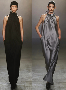 单依纯同款高级感欧美走秀礼服裙灰色缎面醋酸礼服宽松挂脖连衣裙