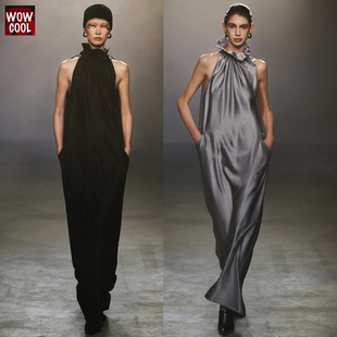 单依纯同款高级感欧美走秀礼服裙灰色缎面醋酸礼服宽松挂脖连衣裙