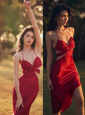 泰国女星Mai同款红色礼服裙性感吊带连衣裙露背系带新娘缎面醋酸