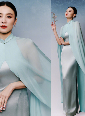 宋佳同款旗袍改良版连衣裙长款国风复古修身显瘦气质优雅礼服披风