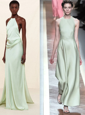 2025新款欧美走秀款淡绿色挂脖礼服裙简约大气质感醋酸缎面连衣裙