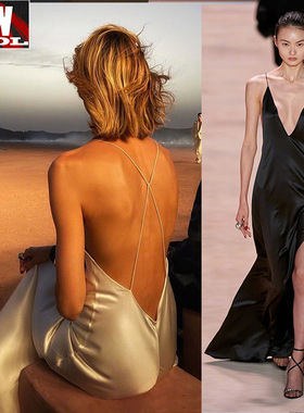 超模Anja Rubik同款贺聪新款吊带长礼服连衣裙香槟色深v露背丝质