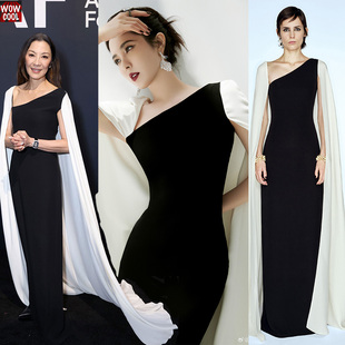 杨紫琼2024春秋冬女装 曾黎同款 黑白色披风单肩连衣裙主持人长礼服