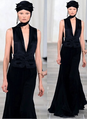 2024春夏新款女装蓝黑色V领无袖西装背心马甲半身裙鱼尾长款礼服