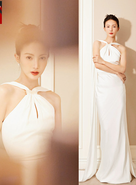 金晨同款白色挂脖礼服裙新娘婚纱长款连衣裙飘带主持人摄影拍照女