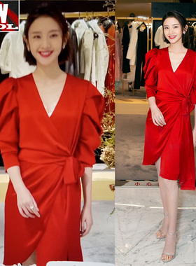 唐艺昕同款红色丝质醋酸缎面新娘结婚敬酒礼服连衣裙夏装新款修身