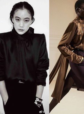 苍井优同款黑色衬衫丝质缎面醋酸时尚杂志封面2024春季新款女装