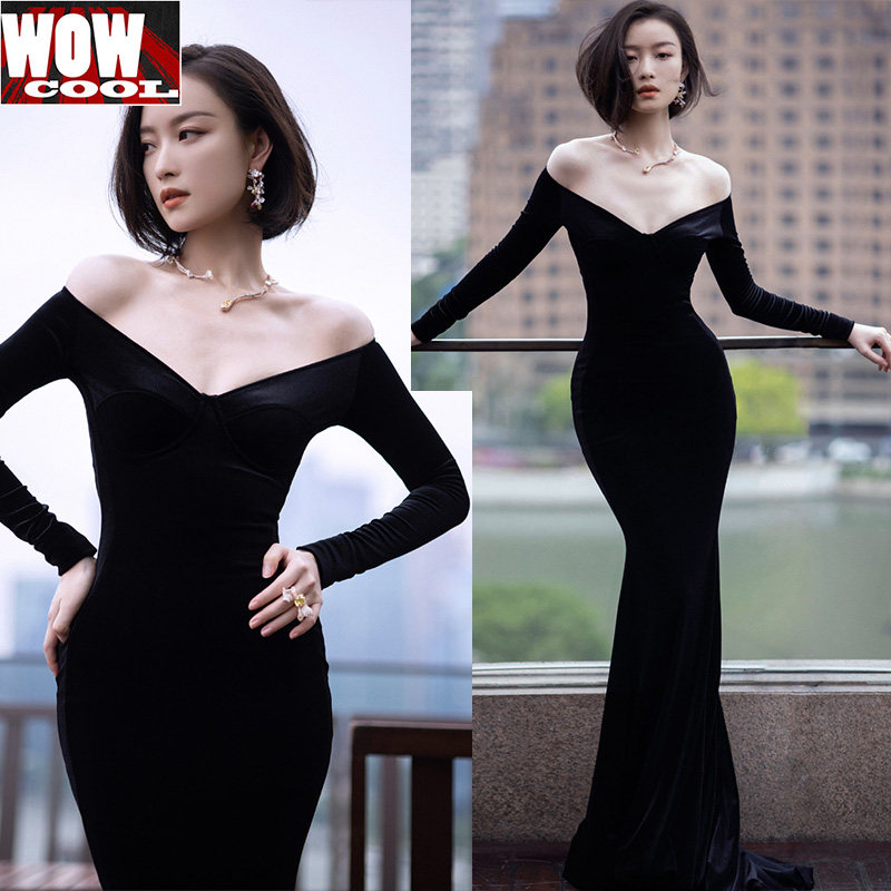 倪妮同款黑色真丝绒晚礼服连衣裙一字领露肩深v高端长袖2021紧身