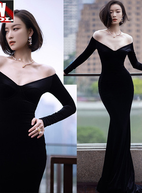 倪妮同款黑色真丝绒晚礼服连衣裙一字领露肩深v高端长袖2021紧身