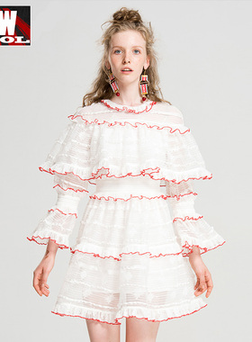 欧洲站2022夏装新款裙子显瘦喇叭袖个性荷叶边网纱绣花连衣裙女秋