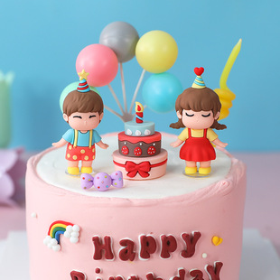 网红小朋友生日吹蜡烛人偶蛋糕装饰摆件男孩女孩姐弟同一天生日