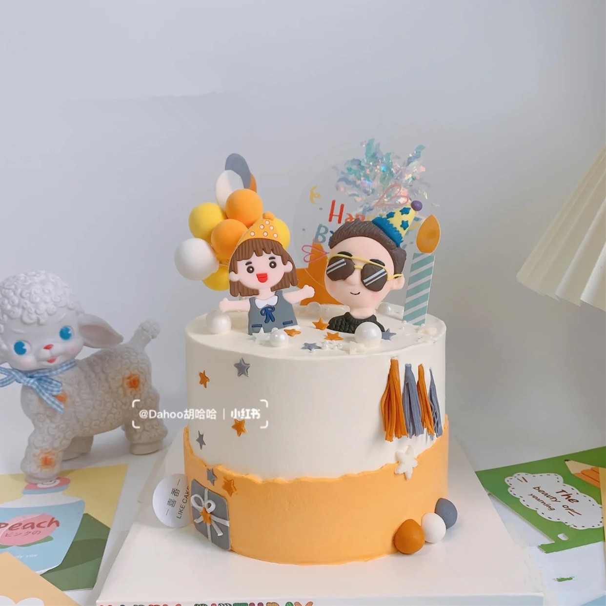 爸爸女儿同一天生日蛋糕装饰软陶人偶摆件男孩女孩父子父女插件牌