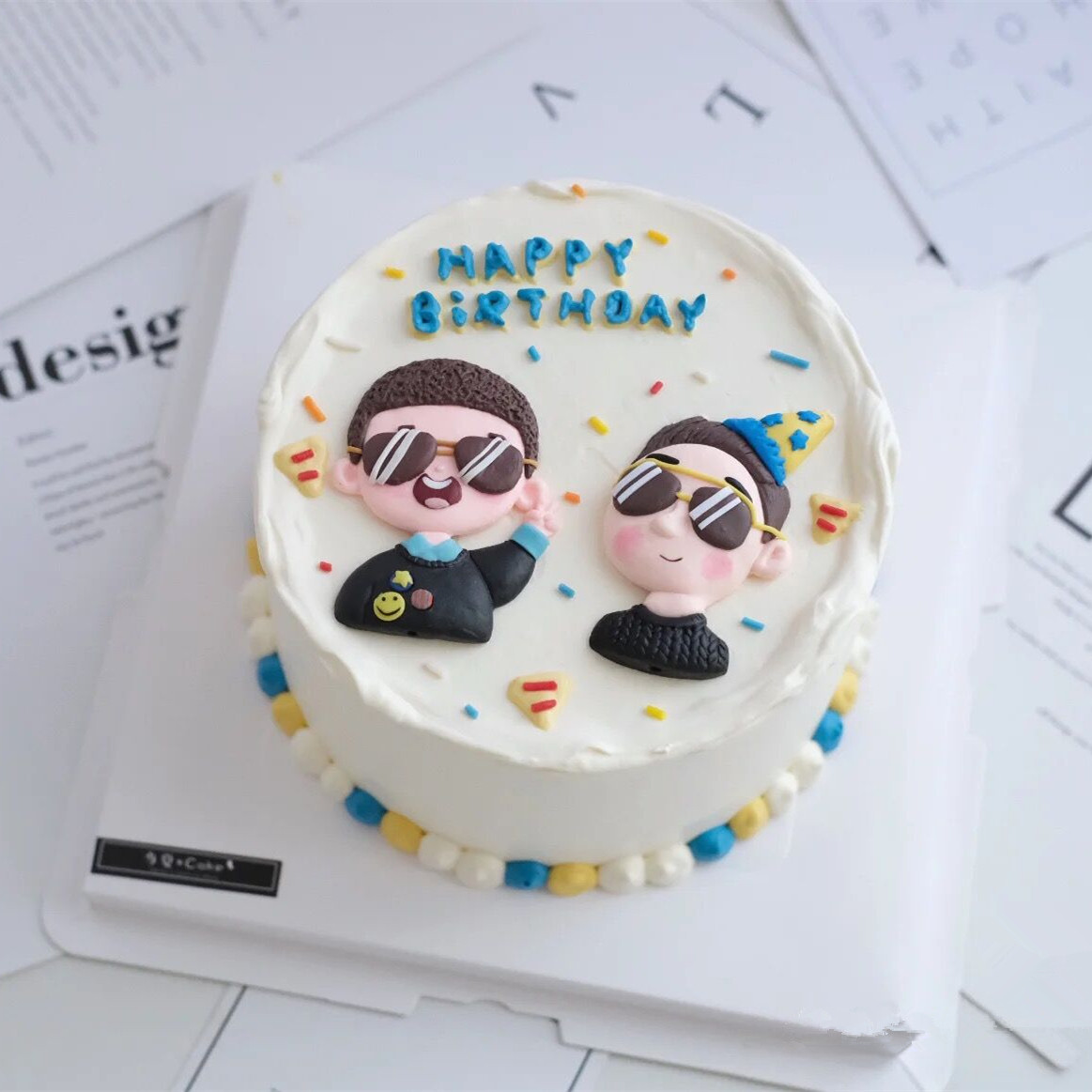 软陶男士生日蛋糕装饰摆件弟兄弟俩生日蛋糕烘焙派对甜品台插件